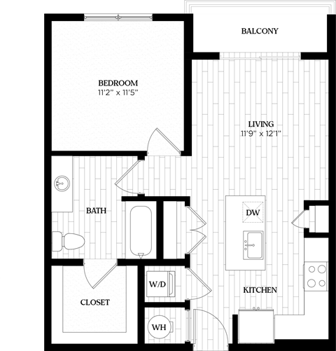 Floor plan for 1 bed, 1 bath, 678 sqft